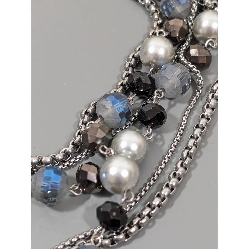 Layered Gray Beaded Statement Necklace‎ Silver Tone Multi Strand Bib 20